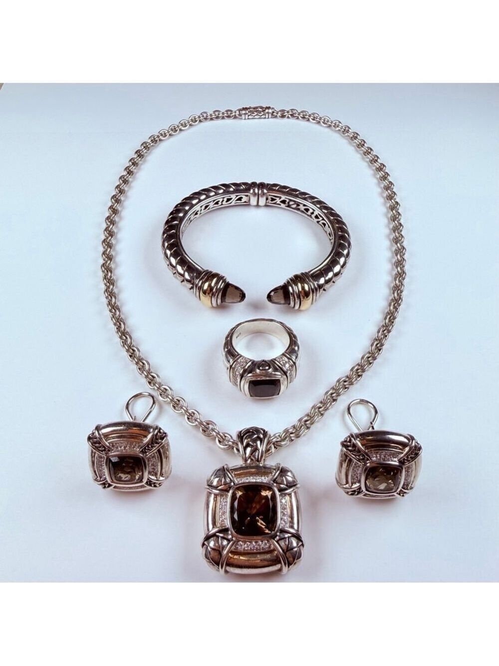 Scott Kay Cushion Smoky Quartz & Diamond Sterling Silver 925 Basket Weave Ring - Picture 11 of 12